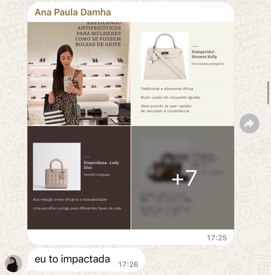 Print de WhatsApp: Ana Paula Damha mostra o carrossel das bolsas e escreve eu to impactada